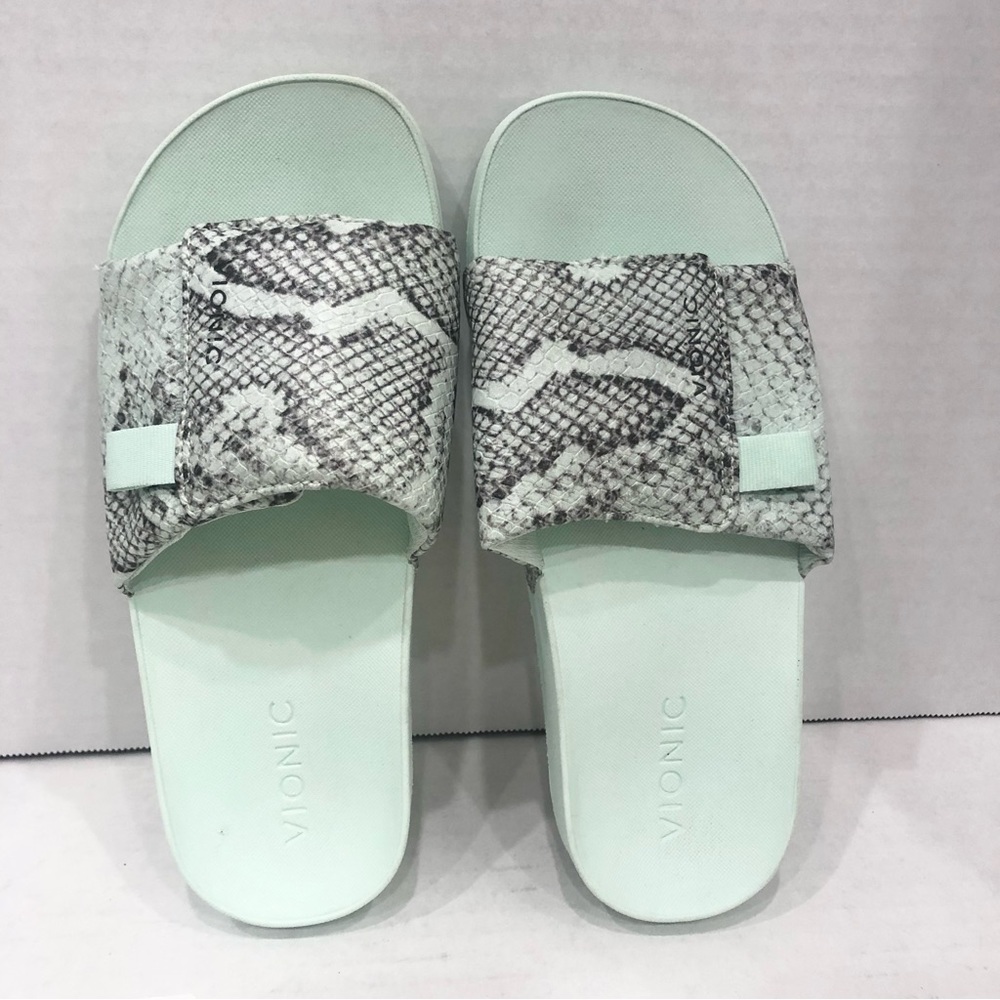 Vionic Kiera Snake Print Slide Sandals - Size Women 6W, Mint Green